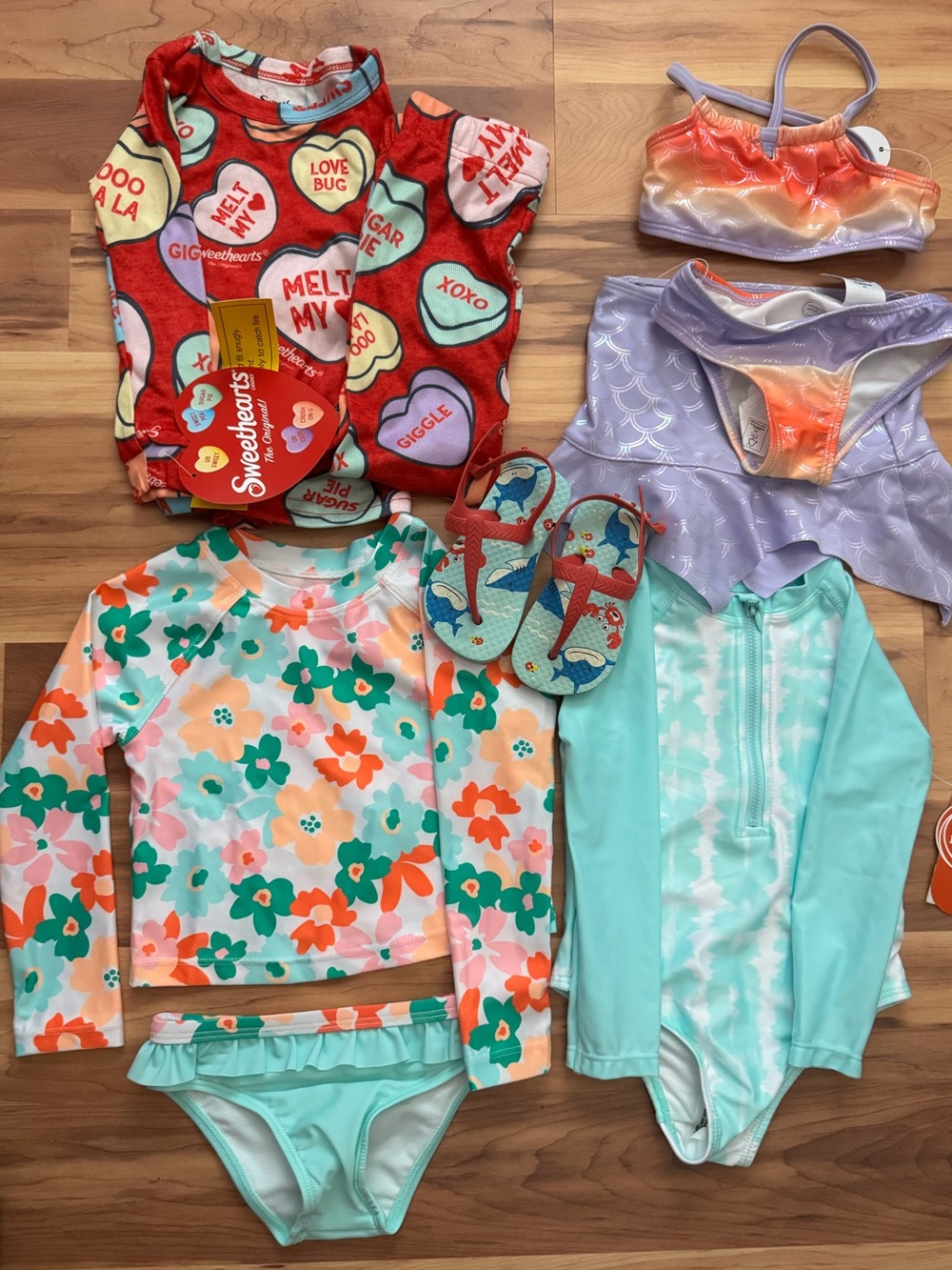 Girls Beach Swim Set Bundle - Mint, Coral & Lavender Mix and PJ with heart motif